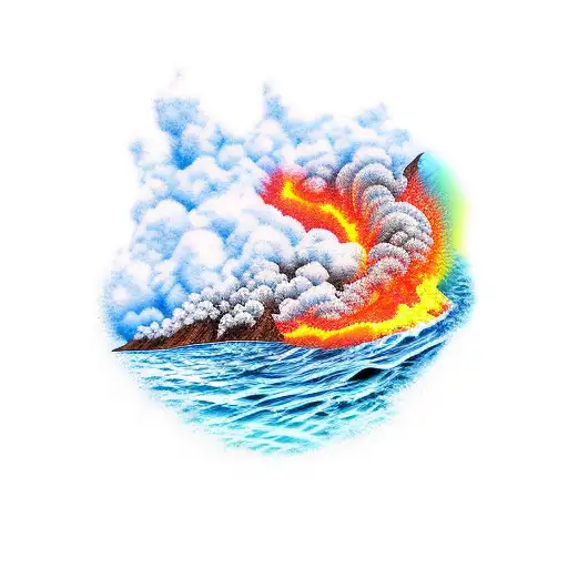 half sleeve tatto of a waterfall and lava going into the ocean of a tropical beach tattoo design idea