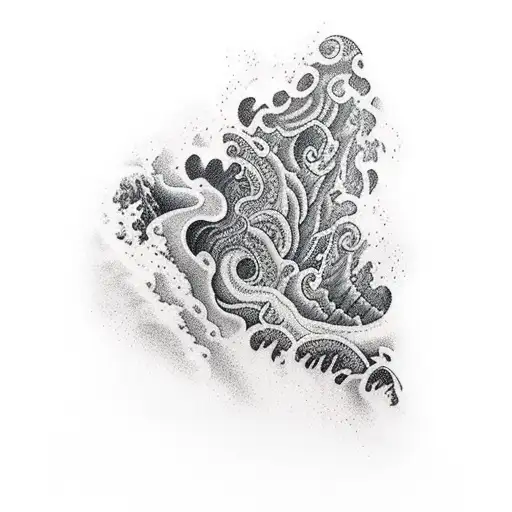 half sleeve tatto of a waterfall and lava going into the ocean of a tropical beach tattoo design idea