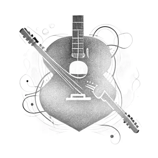 A guitar and a microphone intertwined with musical notes tattoo design idea