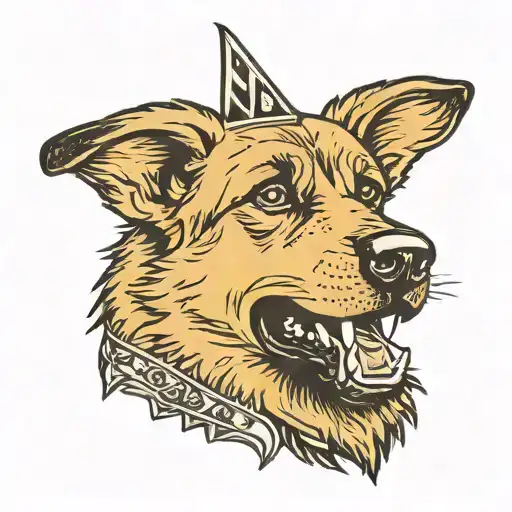 Barking, snarling German shepherd with a spiked collar. Make it look angry. Bold lines.  tattoo design idea