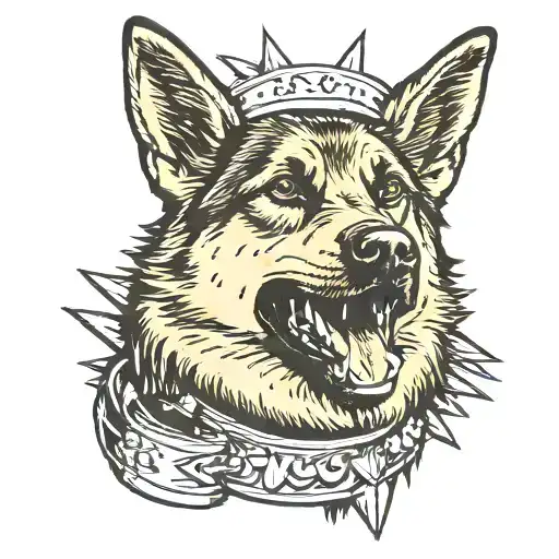 Barking, snarling German shepherd with a spiked collar. tattoo design idea