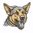 Barking, snarling angry German shepherd with a spiked collar. Bold lines tattoo design idea