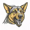 Barking, snarling angry German shepherd with a spiked collar. Bold lines tattoo design idea