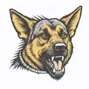 Barking, snarling angry German shepherd with a spiked collar. Bold lines tattoo design idea