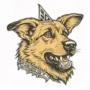 Barking, snarling German shepherd with a spiked collar. Make it look angry. Bold lines.  tattoo design idea