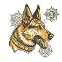Barking, snarling German shepherd with a spiked collar. Make it look angry. Bold lines.  tattoo design idea