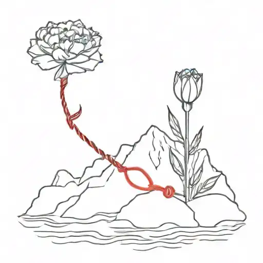 carnation on a small island in the middle of the ocean with a red string of fate tattoo design idea