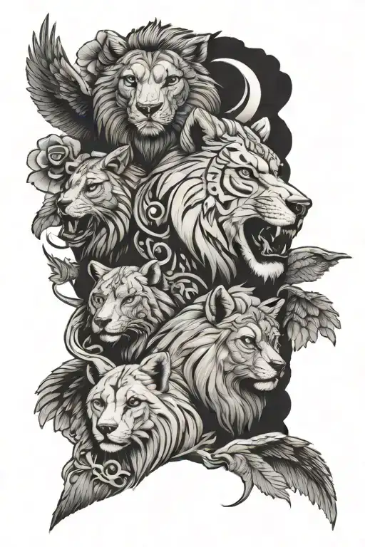 Totem pole with a lion, bear, eagle, deer, and a wolf tattoo design idea