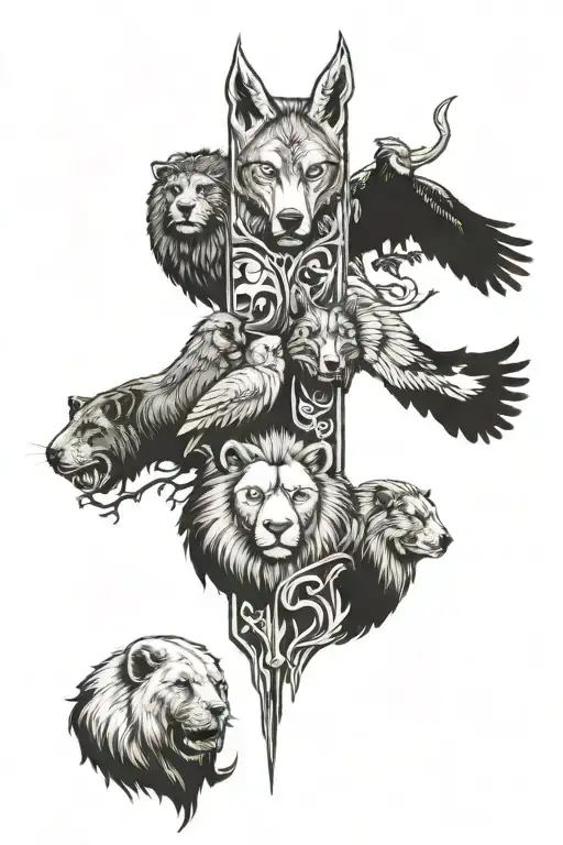 Totem pole with a lion, bear, eagle, deer, and a wolf tattoo design idea