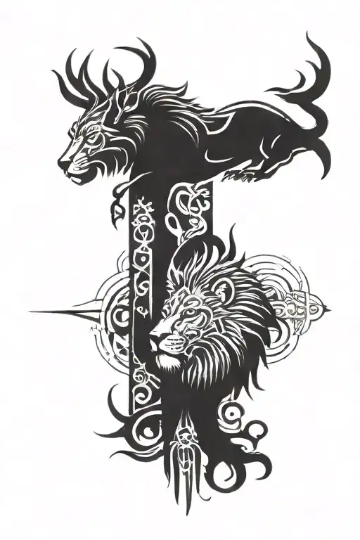 Totem pole with a lion, bear, eagle, deer, and a wolf tattoo design idea