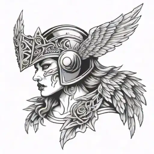 Valkyrie with winged helmet and face paint. crows underneath with Nordic symbol tattoo design idea
