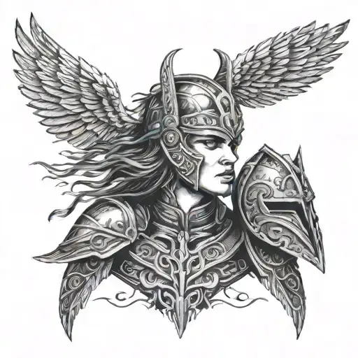 Valkyrie with winged helmet Nordic symbol face paint. crows underneath  tattoo design idea