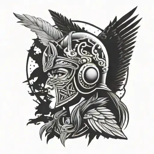 Valkyrie with wings helmet Nordic symbol face paint. crows underneath  tattoo design idea