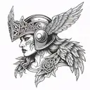 Valkyrie with winged helmet and face paint. crows underneath with Nordic symbol tattoo design idea