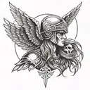 Valkyrie with winged helmet and face paint. crows underneath with Nordic symbol tattoo design idea