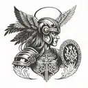 Valkyrie with winged helmet and face paint. crows underneath with Nordic symbol tattoo design idea