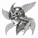 Valkyrie with winged helmet and face paint. crows underneath with Nordic symbol tattoo design idea