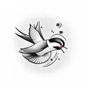 traditional style swallow with banner for son's name in black and white or shaded tattoo design idea
