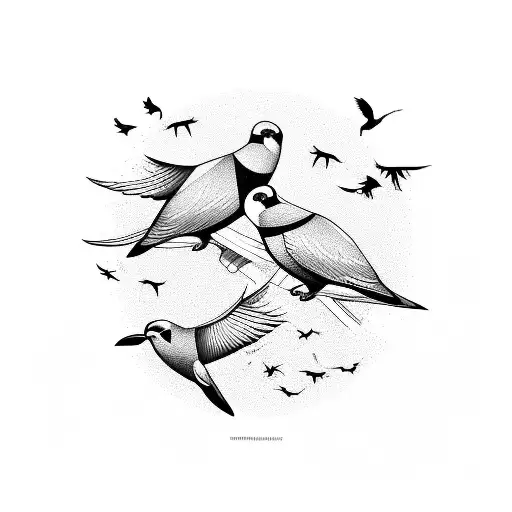 A sheet music composition morphing into a flock of birds in blackwork tattoo design idea