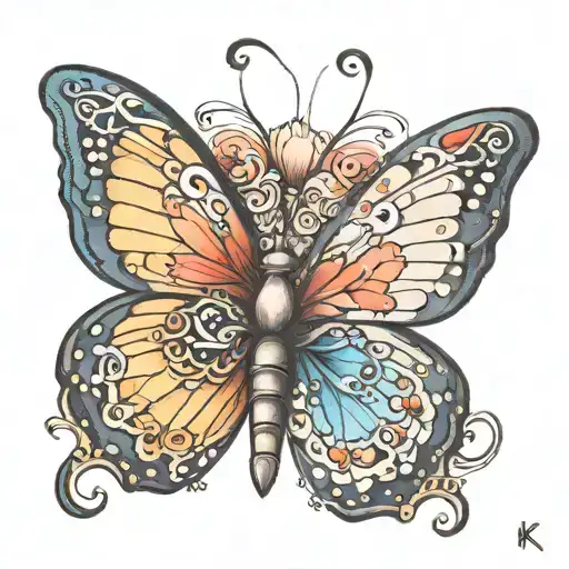 butterfly with one wing normal and the other wing the letter "K" tattoo design idea
