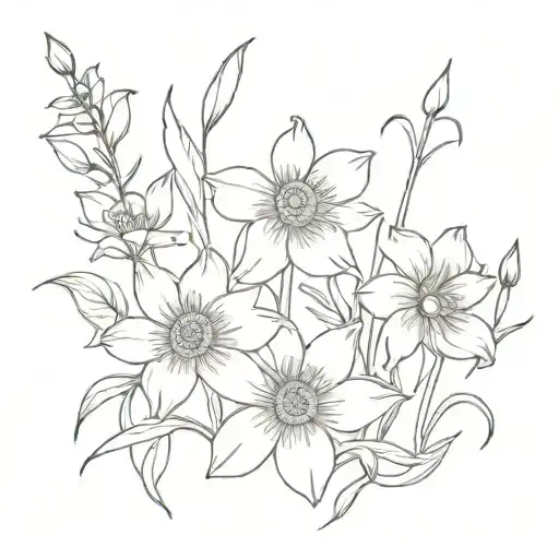 daisy flower, honeysuckle flower and narcissus flower bouquet  tattoo design idea