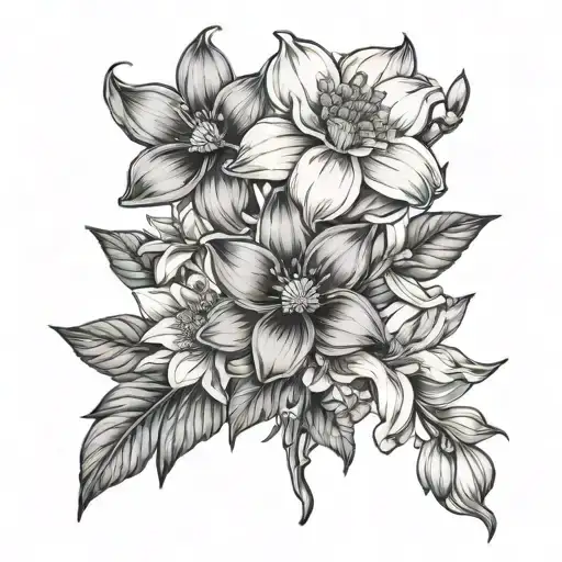 daisy flower, honeysuckle flower and narcissus flower bouquet  tattoo design idea