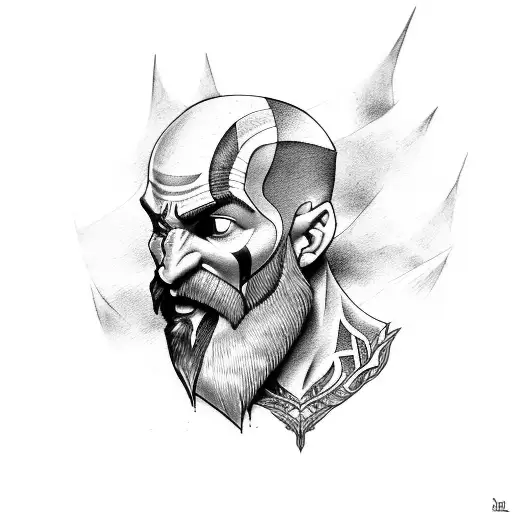 Blackwork tattoo style, kratos god of war, shoulder, white background tattoo design idea