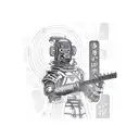 A cybernetic samurai warrior playing a guitar in a neon-lit Tokyo street tattoo design idea