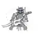 A cybernetic samurai warrior playing a guitar in a neon-lit Tokyo street tattoo design idea