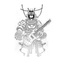A cybernetic samurai warrior playing a guitar in a neon-lit Tokyo street tattoo design idea