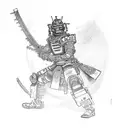 A cybernetic samurai warrior playing a guitar in a neon-lit Tokyo street tattoo design idea