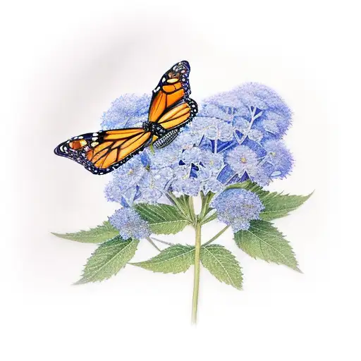 monarch butterfly, sage sprig, blue hydrangea tattoo design idea