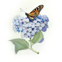 monarch butterfly with a sage sprig on a blue hydrangea tattoo design idea
