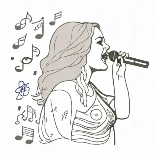A silhouette of Adele singing with a microphone, surrounded by music notes and lyrics from her songs tattoo design idea
