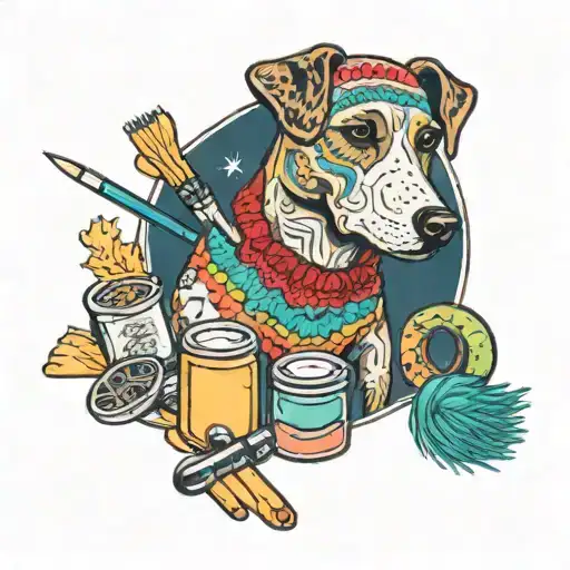 A tattoo of a dog wearing a crochet sweater, surrounded by colorful paintbrushes and art supplies, representing the client's passion for drawing, painting, and crochet tattoo design idea