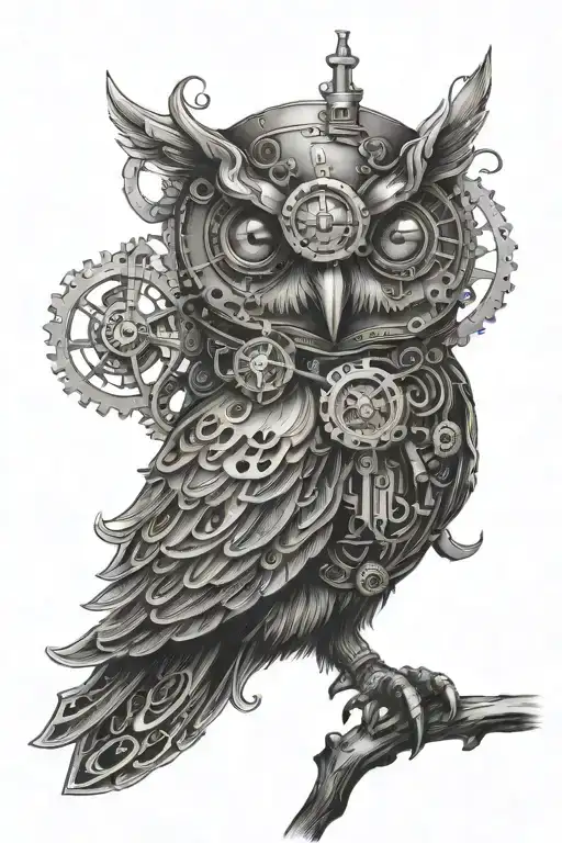 steampunk owl perched tattoo design idea