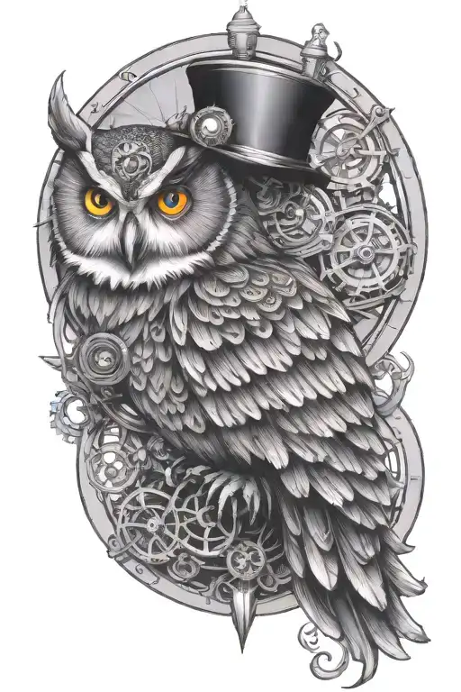 half steampunk owl perched tattoo design idea