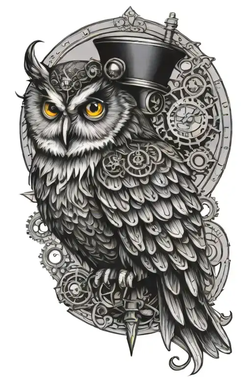 half steampunk owl perched tattoo design idea
