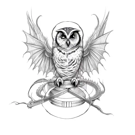  owl and dragon "mid flight" clenching a ribbon with the markings (I ۰XXII۰MCMXCV , IV۰XIV۰MMI) tattoo design idea