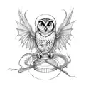  owl and dragon "mid flight" clenching a ribbon with the markings (I ۰XXII۰MCMXCV , IV۰XIV۰MMI) tattoo design idea
