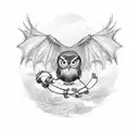  owl and dragon "mid flight" clenching a ribbon with the markings (I ۰XXII۰MCMXCV , IV۰XIV۰MMI) tattoo design idea