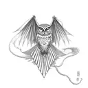  owl and dragon "mid flight" clenching a ribbon with the markings (I ۰XXII۰MCMXCV , IV۰XIV۰MMI) tattoo design idea