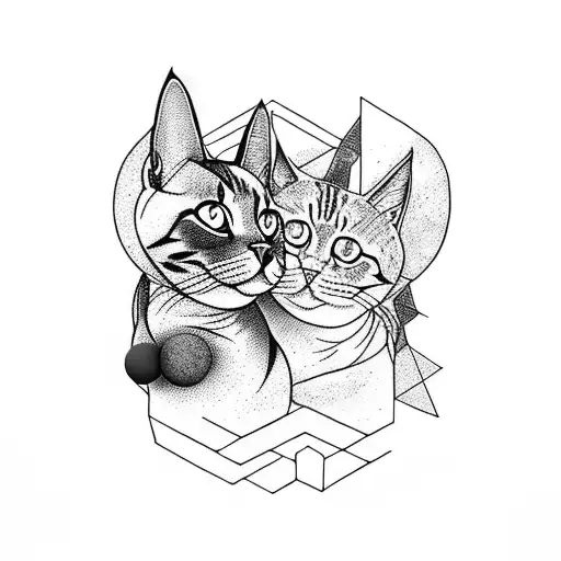 tattoo of 3 cats, main colour - black and blue, yarn ball, dreamy illustration, animals running along, negative space tattoo design idea