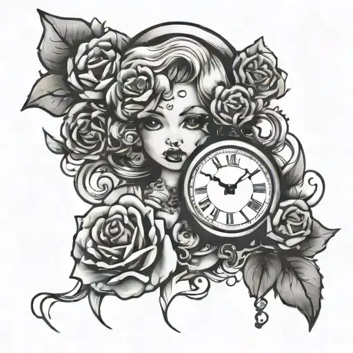 clock that shows that time passes too quickly with a face of a young doll  tattoo design idea