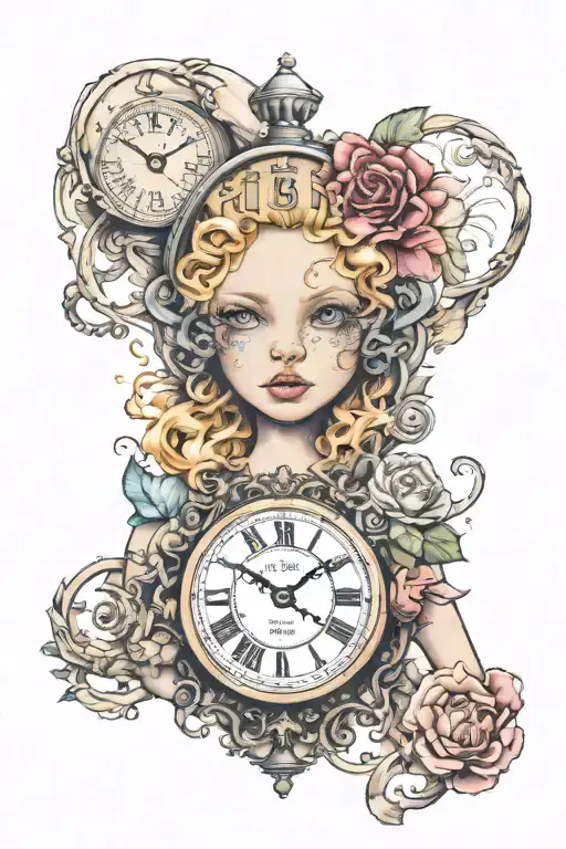 clock that shows that time passes too quickly with a face of a young doll tattoo design idea