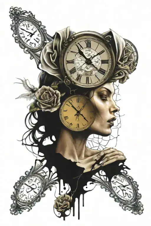 broken clock that finds quickly to show that time passes quickly with a face of a young girl with a wedding veil tattoo design idea