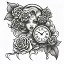 clock that shows that time passes too quickly with a face of a young doll  tattoo design idea