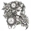 clock that shows that time passes too quickly with a face of a young doll  tattoo design idea