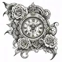 clock that shows that time passes too quickly with a face of a young doll  tattoo design idea