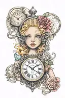 clock that shows that time passes too quickly with a face of a young doll tattoo design idea